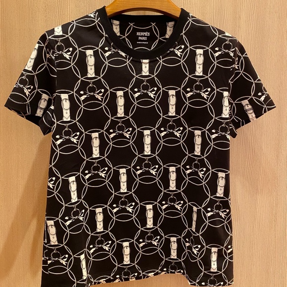 HERMES BLACK WHITE STRAIGHT T-SHIRT IN COTTON SIGNATURE PRINT SIZE 36 - Picture 5 of 13